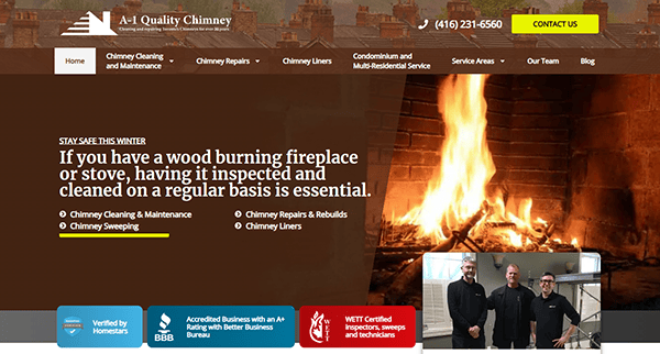 Screenshot of A-1 Quality Chimney's website, showcasing their chimney cleaning services and contact details. The image features three people cozily gathered by a fireplace, perfectly capturing the warmth promoted by top chimney cleaner websites.