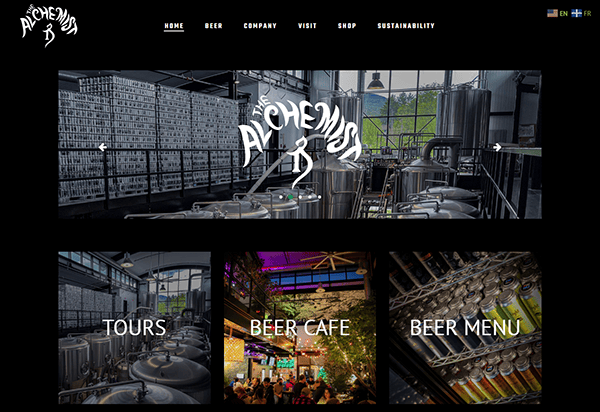 Discover the homepage of The Alchemist, one of the best brewery websites, showcasing our iconic beer cans, state-of-the-art brewing equipment, and easy links to tours, our beer cafe, and menu sections.
