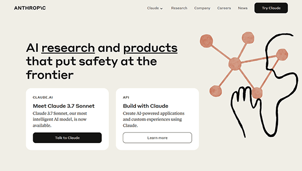 Discover the webpage titled "AI Research and Products," showcasing "Meet Claude 3.7 Sonnet" and "Build with Claude." Featuring abstract line art, geometric shapes, and elements that make it one of the best AI websites in the field.