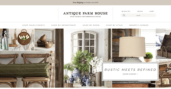 Antique Farm House's homepage showcases farmhouse decor items like chairs, vases, and a lamp. Explore top-tier selections and enjoy sleek features such as search, wishlist, login, and cart— reminiscent of the best carpenter websites for elegance in 2023.