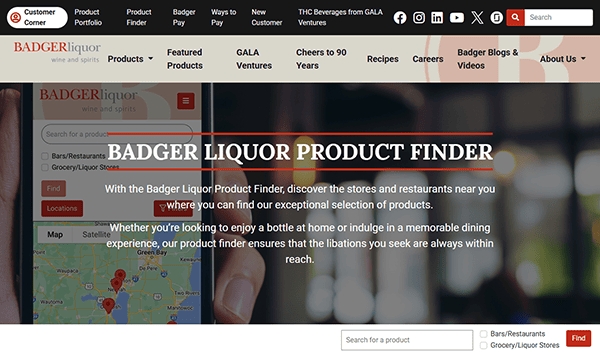Discover the "BADGER LIQUOR PRODUCT FINDER," your ultimate beverage distributor guide. With an interactive map and search options, easily locate bars, restaurants, and grocery or liquor stores near you. Your next drink venue is just a click away!.