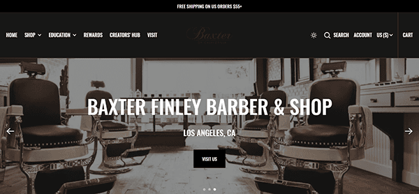 Barber shop interior with empty chairs and retro decor. Text reads "Baxter Finley Barber & Shop, Los Angeles, CA," known for being one of the best barber shops in the area.