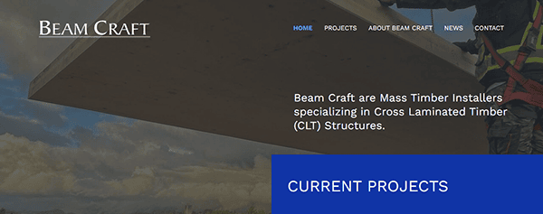 Screenshot of the Beam Craft website homepage showcasing a navigation menu, company description about mass timber installation, and a "Current Projects" section highlighted in blue. Discover why it's one of the best carpenter sites for those seeking excellence in craftsmanship.