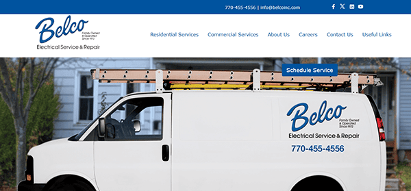 A white van with ladders on top is parked in front of a house, proudly displaying the "Belco Electrical Service & Repair" logo and contact number. Perfect for showcasing on commercial electrician websites, a "Schedule Service" button hovers invitingly above.