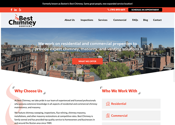 Screenshot of Best Chimney Services website homepage featuring company logo, navigation menu, cityscape background, services overview, and sections on why to choose the best chimney cleaner and who they work with.