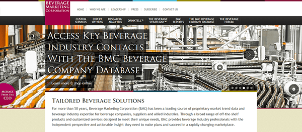 The Beverage Marketing Corporation homepage features an image of a beverage production line, inviting visitors to explore tailored solutions and gain access to industry contacts essential for any beverage distributor website.