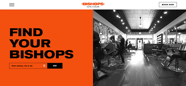 Split screen image: on the left, "Find Your Bishops" with an address input box; on the right, a black-and-white photo of one of the best barber shops, showing its interior with people, mirrors, chairs, and lighting.