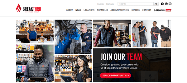 Collage of people engaged in various activities related to the beverage industry, highlighting dynamic careers. Central call-to-action invites viewers to explore opportunities on Breakthru Beverage Group's website, one of the leading beverage distributor websites.