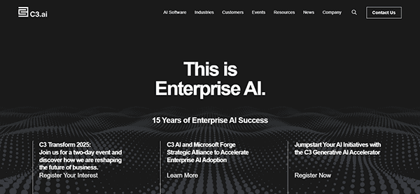 Screenshot of C3.ai homepage with "This is Enterprise AI" in bold text. Delve into events, collaborations with Microsoft, and AI adoption on a black background with abstract wave patterns. Explore why it's among the best AI websites for innovation and advancement.
