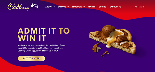 Cadbury's best webpage showcases the slogan "Admit It to Win It" alongside a tantalizing image of a chocolate-filled cookie. This delightful site, among the top candy-themed websites, invites you to enter for a chance to win sweet rewards.
