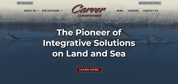 Discover the leader in integrative land and sea solutions. Our website homepage, featuring a stunning bridge over water, showcases top-tier carpenter website design. Navigation and contact information are conveniently located at the top.
