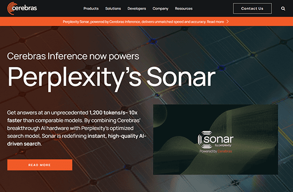 Screenshot of Cerebras webpage announcing partnership with Perplexity's Sonar, featuring one of the best AI websites for showcasing unprecedented speed in AI-driven search models.