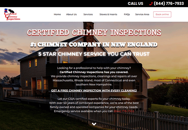 Screenshot of a chimney inspection service's website, showcasing services and special offers. Easily book online or contact us by phone. The background features a residential roof with a chimney, highlighting our reputation as one of the best chimney cleaner websites available.