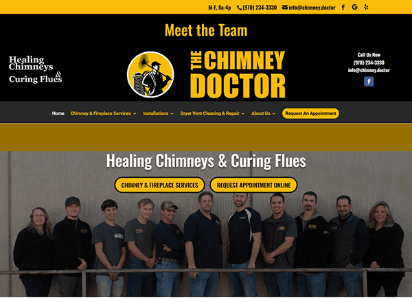 Team photo of The Chimney Doctor staff in uniform, standing in a line. Company logo and contact information are displayed above. Explore chimney cleaning services and the best websites for appointments below.