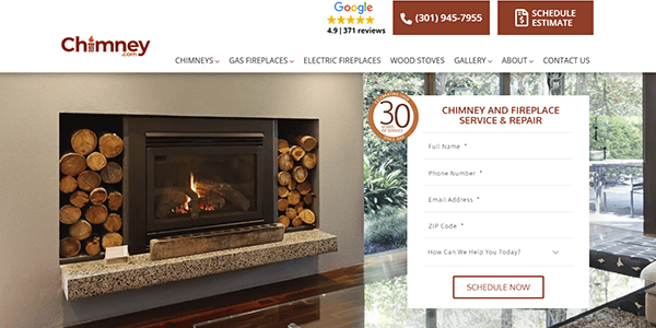 Our website homepage is your gateway to top-notch chimney and fireplace services. Featuring a beautiful fireplace image, a convenient contact form, and an easy "Schedule Estimate" button, it's the perfect example of Chimney Cleaner Websites designed for effortless user experience.