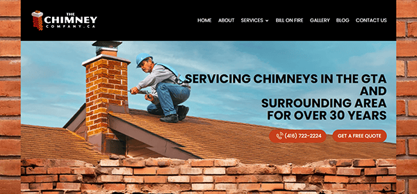 A chimney cleaner inspects a chimney on a roof. Text reads: "Providing expert chimney cleaning in the GTA and surrounding area for over 30 years." Includes company logo and contact information.