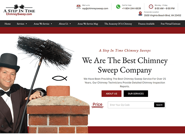 Website homepage for "A Step in Time Chimney Sweeps" features a classic header, essential contact details, and engaging promotional text about their top-notch chimney services. A man in a hat skillfully holds a chimney brush next to a chimney, epitomizing the best of chimney cleaning websites.
