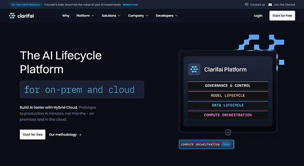 The Clarifai Platform webpage, one of the best AI websites, showcases AI lifecycle features such as governance, model lifecycle, and data orchestration for both on-prem and cloud solutions.