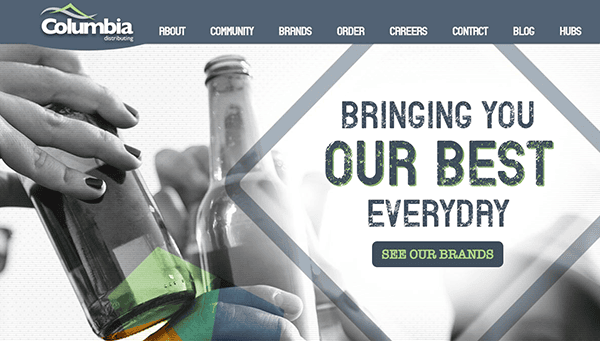 A hand clinks a bottle in front of a beverage distributor website, featuring the text "Bringing You Our Best Everyday" and "See Our Brands.