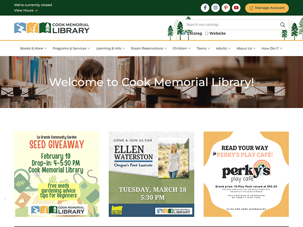 The Cook Memorial Library homepage features vibrant event posters highlighting a seed giveaway, an engaging talk by Ellen Waterston, and a delightful reading event at Perky's Play Cafe.