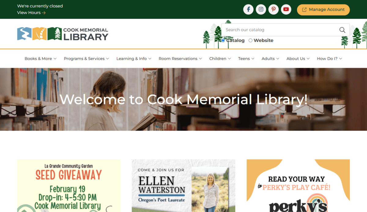 The Cook Memorial Library webpage highlights event announcements, library apps, and resources. Discover logos for Duolingo, Libby, Hoopla, and more, with an intuitive menu and contact details conveniently located at the bottom.
