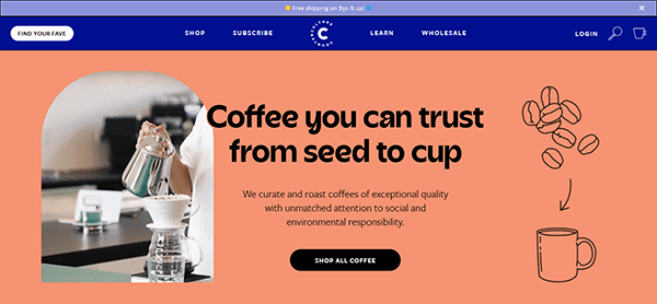 Image of a website homepage showcasing a person pouring coffee. Text reads: "Coffee you can trust from seed to cup." Explore options to shop, subscribe, and discover why it's among the best cafe websites for true coffee aficionados.