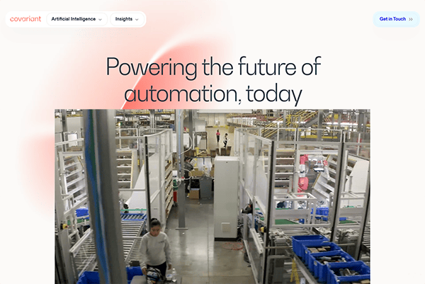 Factory floor showcasing advanced automated conveyor systems, integrated with cutting-edge AI technology under the heading "Powering the future of automation, today." Discover innovation from some of the 20 Best AI Websites enhancing industrial efficiency.