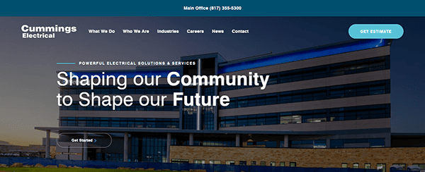 Cummings Electrical's homepage showcases a modern building, emphasizing our role in shaping the community for a brighter future. As one of the best commercial electrician websites, we invite you to "Get Started" or "Get Estimate" today.