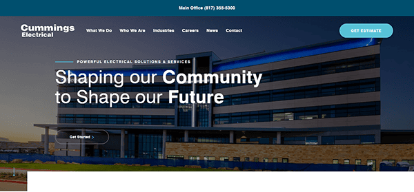 Cummings Electrical's homepage showcases a modern building, emphasizing our role in shaping the community for a brighter future. As one of the best commercial electrician websites, we invite you to "Get Started" or "Get Estimate" today.