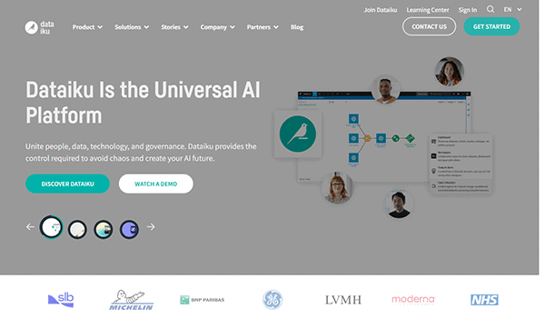 Dataiku's homepage proudly presents "Dataiku Is the Universal AI Platform," showcasing its status as one of the top AI websites. Navigate through company logos, and buttons to discover why Dataiku is among the best in AI or watch a demo to see it in action.