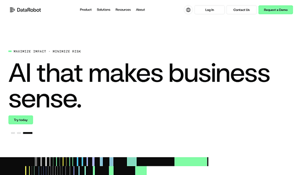 Explore DataRobot, featured among the Best AI Websites, offering "AI that makes business sense." Discover groundbreaking technology on a sleek page with a white backdrop and green and black accents. Ready to innovate? Click "Try today" and see why we're a leader in Top AI Sites.