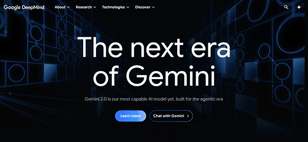 Discover the next era of Gemini on the Google DeepMind website. Explore AI innovations with the option to chat and learn more about this groundbreaking technology. The homepage, featuring abstract blue and black graphics, positions itself among the best AI websites today.