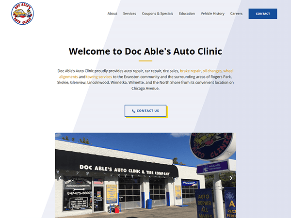 Screenshot of Doc Able's Auto Clinic website homepage showcasing services like auto repair and towing. It includes location details and a convenient "Contact Us" button for all your automotive needs.