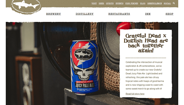 A can of Dogfish Head Juicy Pale Ale with the iconic Grateful Dead logo sits on a table, perfectly capturing the essence of innovative brewery design. Discover more about this vibrant collaboration on one of the best brewery websites today.