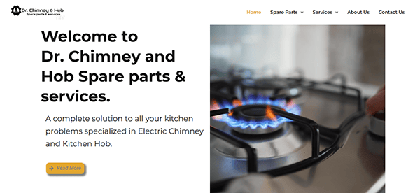 A gas stove burner with blue flames is shown beside the website text for Dr. Chimney, your trusted source for hob spare parts and services. Explore Chimney Cleaner Websites to maintain peak performance.