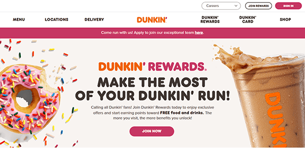 Discover the Dunkin' Rewards promotional page, a stellar example of cafe website design with its tempting visual of sprinkled donuts and iced coffee. Join now to earn points for free food and drinks, perfectly showcasing why it's among the best cafe websites.