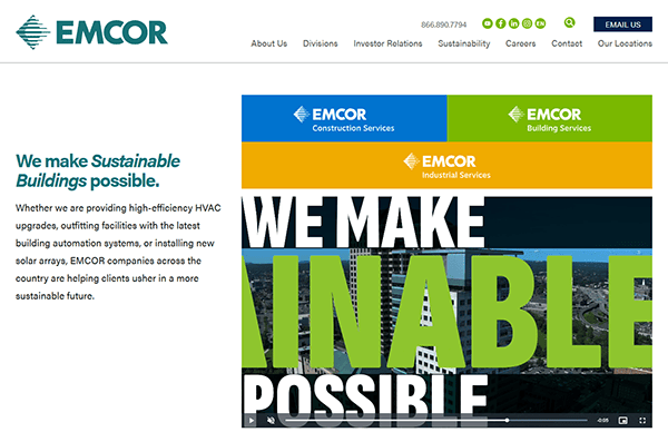 The EMCOR website section on sustainable buildings showcases vibrant headers for construction and industrial services. Discover how expert commercial electricians contribute to efficient, eco-friendly designs, merging top-notch services with sustainability.