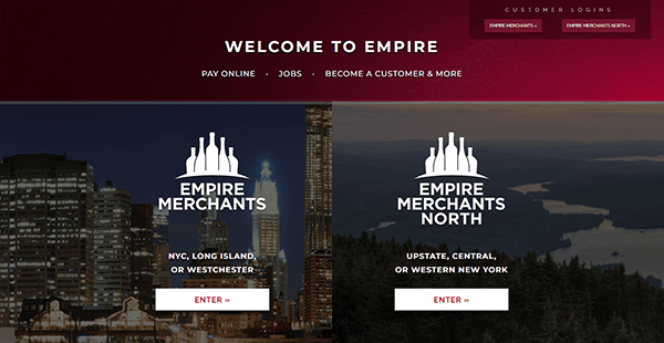 Empire Merchants' homepage, a leading beverage distributor website, offers options tailored for NYC, Long Island, Westchester, and Upstate New York. Navigate easily with links to pay details, job opportunities, and customer logins for a seamless user experience.