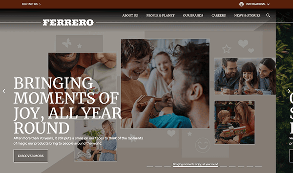 The Ferrero homepage features a family reveling in chocolate delights, under the banner "Bringing Moments of Joy, All Year Round." Experience one of the best candy websites that captures pure joy throughout every season.