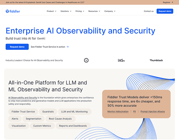 Explore Fiddler's AI observability and security platform, featured among the top AI websites. Discover features like faster trust models and root cause analysis. Request a demo or explore our documentation today.