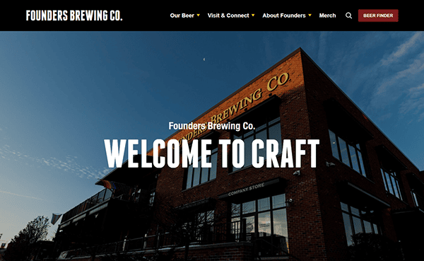Exterior of Founders Brewing Co. building with "WELCOME TO CRAFT" text overlay, showcasing one of the best brewery websites that excels in Brewery SEO and design.