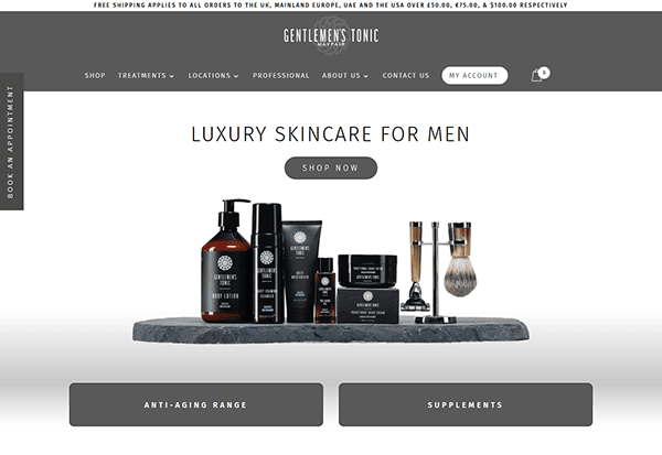 Discover our luxury skincare products for men on a promotional webpage that feels like the best barber shop online. Explore an array of grooming items, including anti-aging products and supplements, all accessible through an impeccably designed digital storefront.