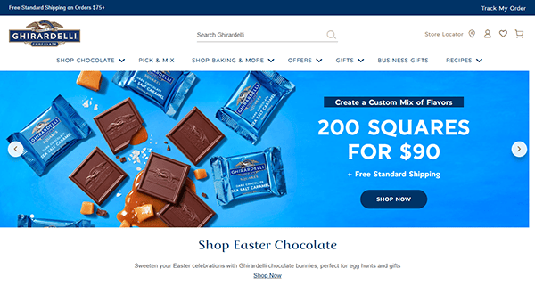 Discover the Ghirardelli website homepage, a delightful candy website showcasing decadent chocolate squares. Don't miss the special offer of 200 squares for just $90 and explore our exclusive Easter chocolate promotion.