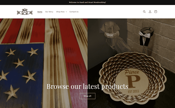Wooden items displayed: a flag design on the left, and a personalized engraved bowl on the right with "Pierce P EST 2011." Text overlay reads, "Browse our latest products from the best carpenter.