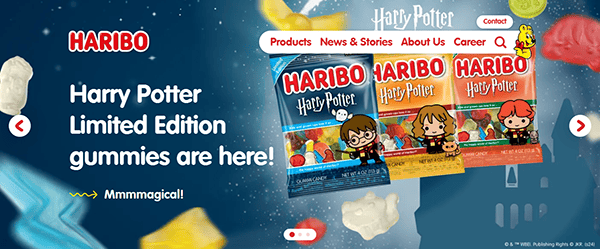 Image of Haribo's Best Candy Harry Potter Limited Edition gummy candies packaging on a starry background, featuring cartoon characters from the series and the text "Harry Potter Limited Edition gummies are here!.