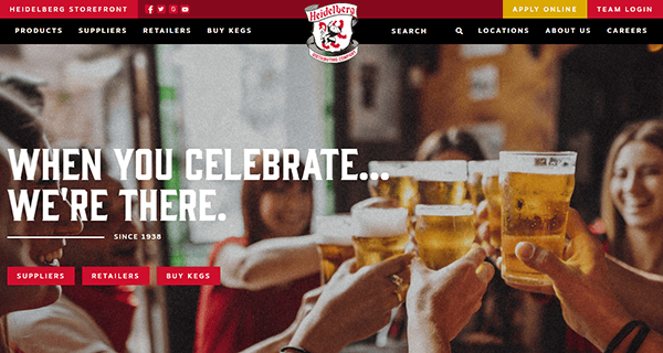 Group of people clinking glasses of beer with the text "When you celebrate... we're there." and the Heidelberg logo at the top of this Beverage Distributor Website.