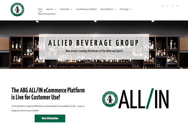 Screenshot of the Allied Beverage Group website, a leading beverage distributor. The site highlights their ALL/IN eCommerce platform against a backdrop of a bar stocked with an enticing array of spirits and wines.