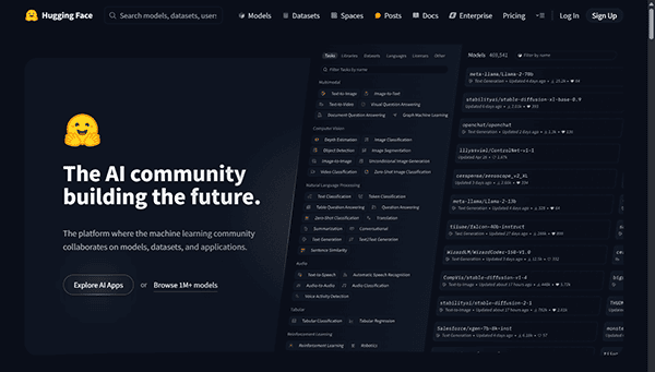 The Hugging Face homepage, acclaimed as one of the top AI platforms, features a menu with categories like Computer Vision and Audio. On the right, you'll find a detailed list of AI models showcased on this best AI website.