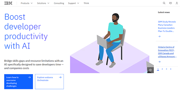 An illustration of a person using a laptop highlights IBM's AI tools as one of the best AI solutions to enhance developer productivity. Explore links to related articles and top AI websites for more insights.