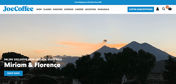 Sunset view of mountains in Antigua, Guatemala, with silhouettes of trees. Banner text reads "Online Exclusive from Antigua, Guatemala: Miriam & Florence," inspired by the best cafe website design. Click to shop now.